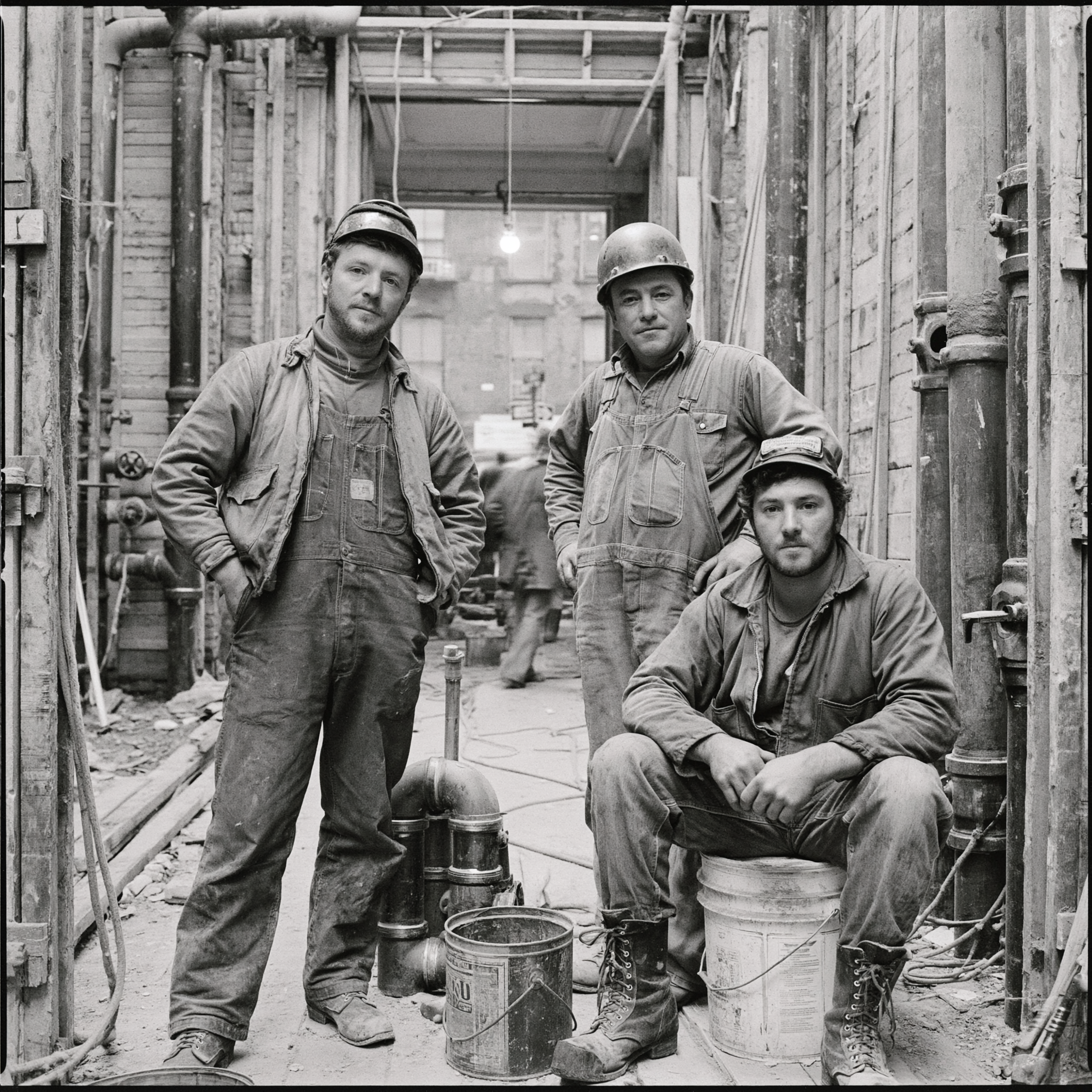 Plumbers on a jobsite, 1970s