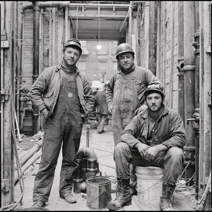 Plumbers on a jobsite, 1970s