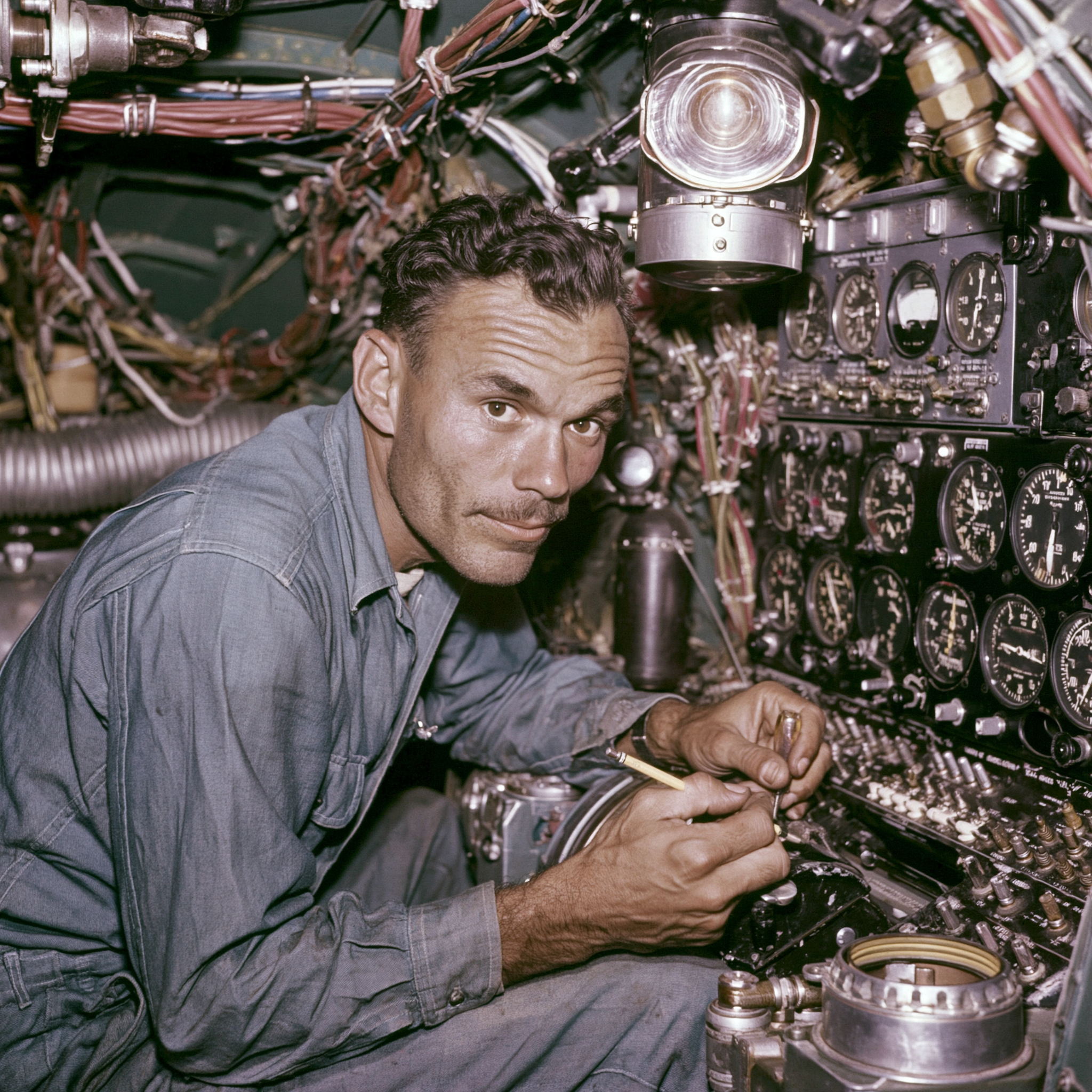 An Air Force mechanic inside an aircraft, 1960s