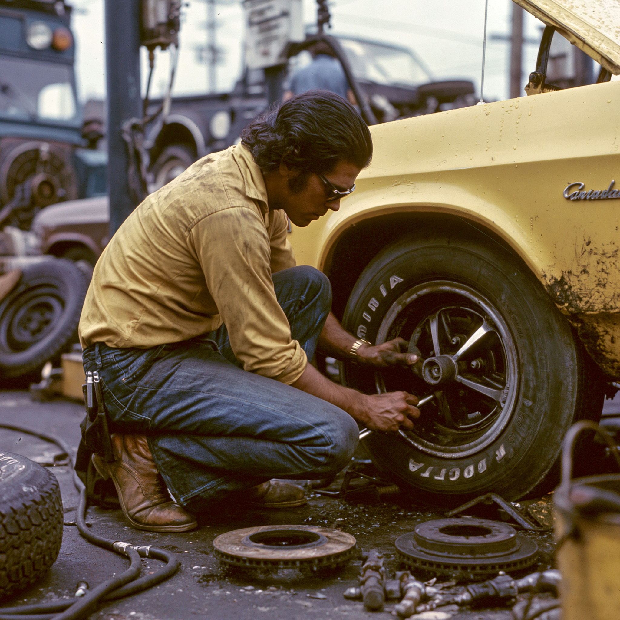 An auto mechanic changing brakes, 1970s