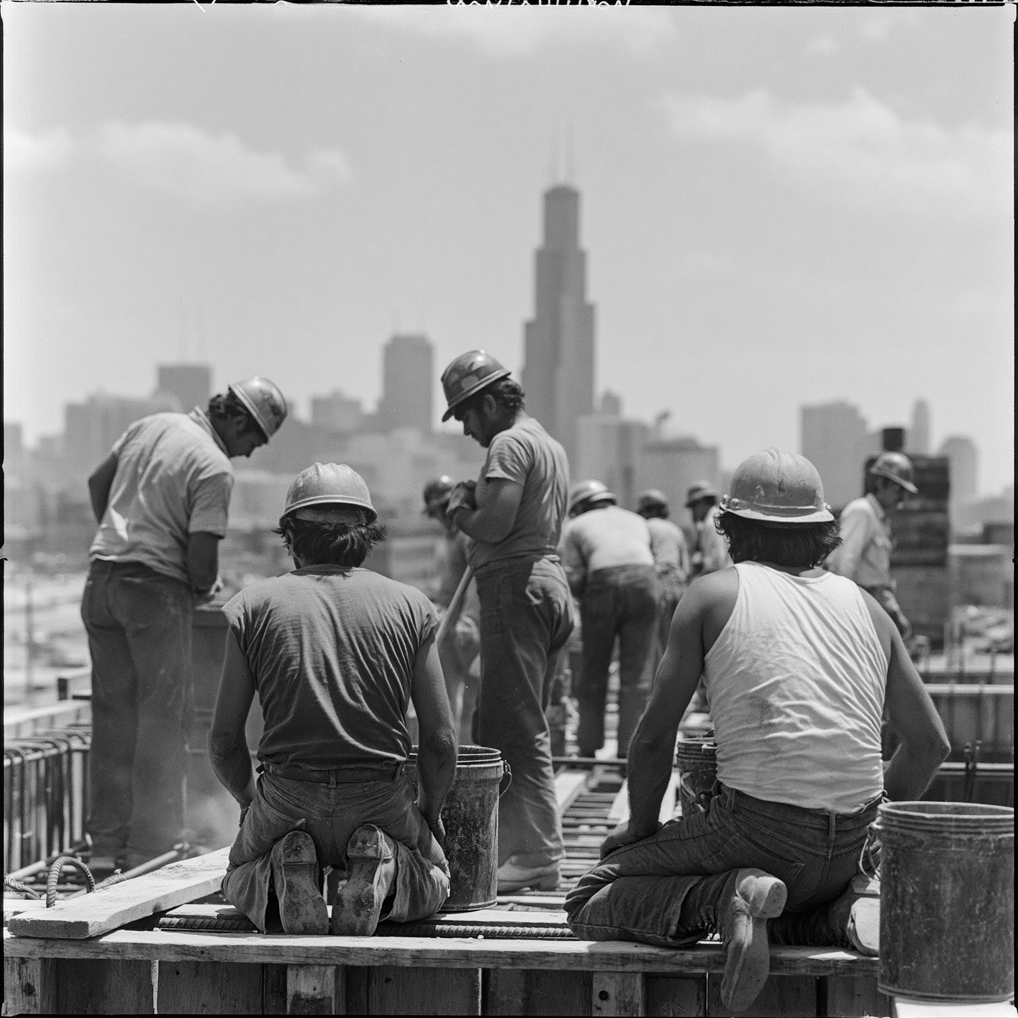 Construction workers on a Chicago jobsite, 1970s
