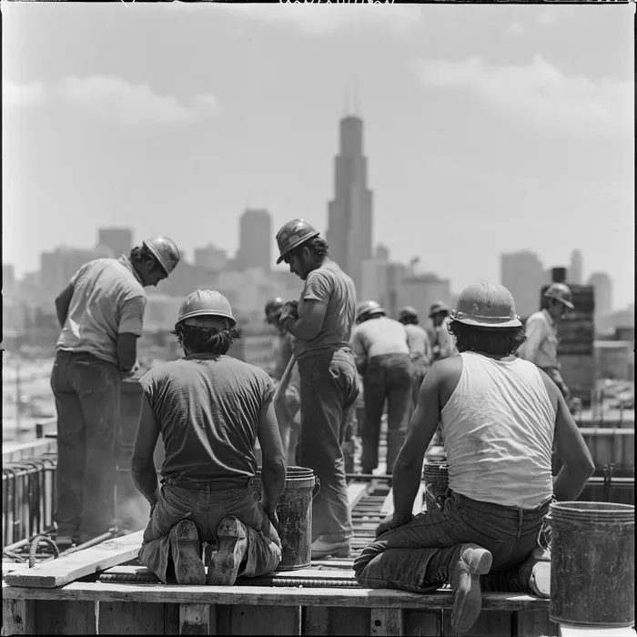 Construction workers on a Chicago jobsite, 1970s
