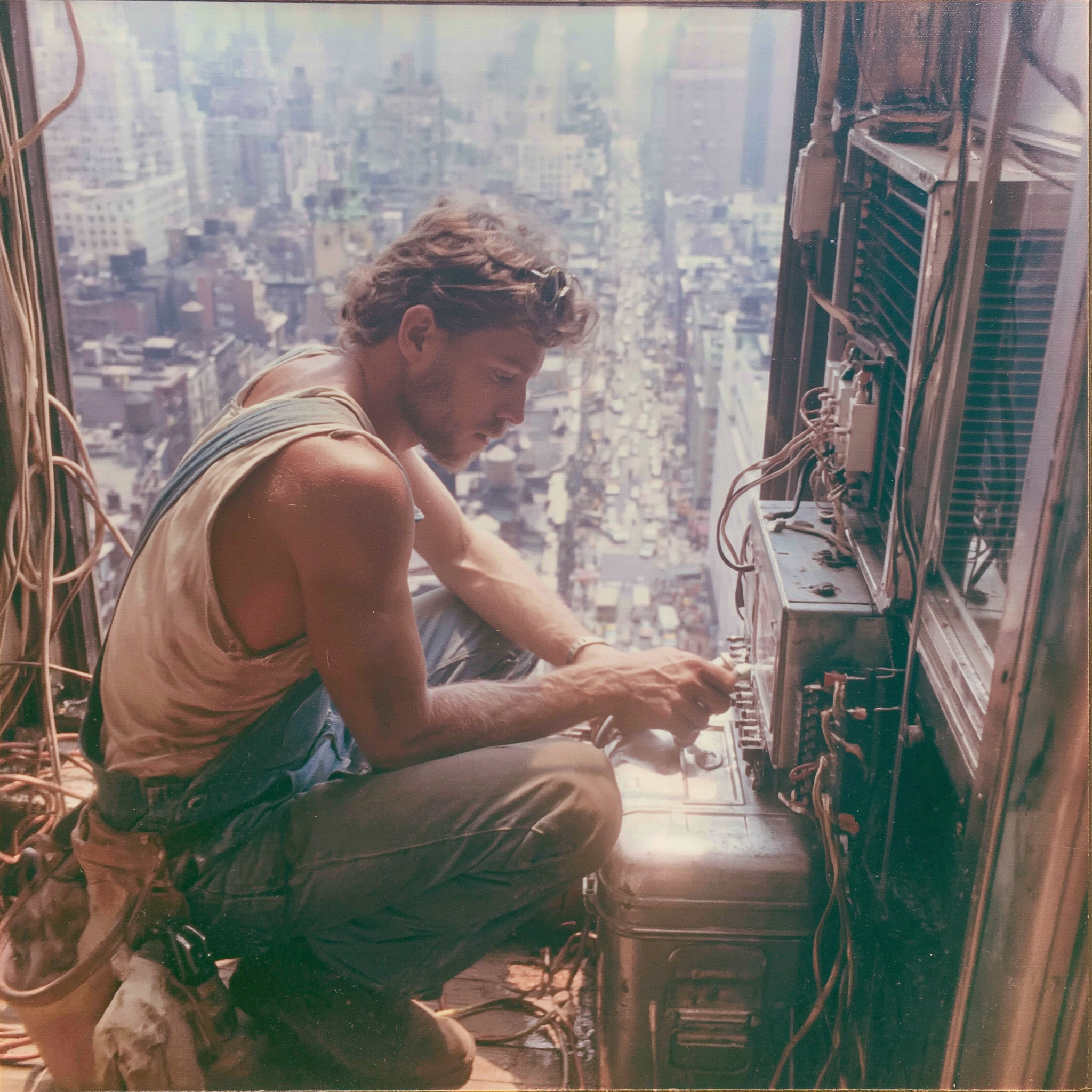 An electrician working high above the city, 1970s