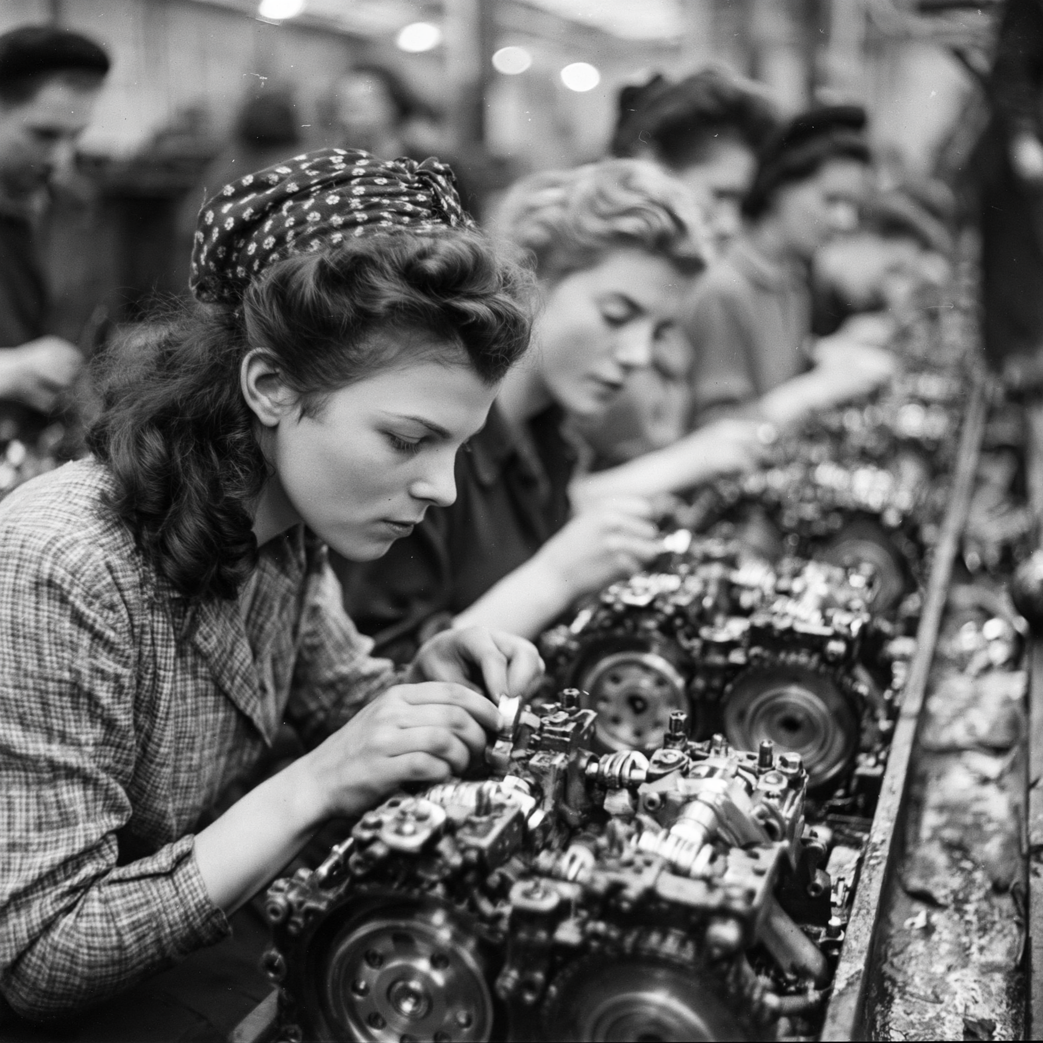 Women on a factory assembly line, 1950s