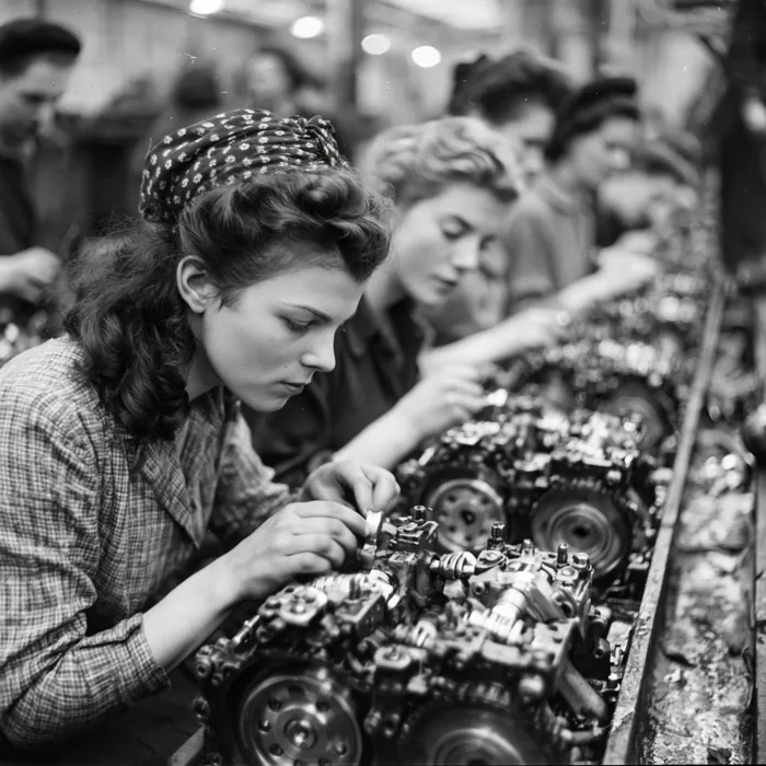 Women on a factory assembly line, 1950s